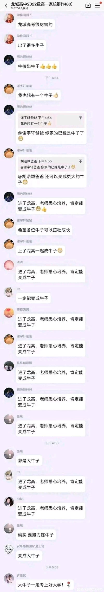 这是一张龙城高中2022级高一家校群的微信聊天记录截图，群内家长原本想表达龙城高中培养出很多优秀学生，却误用了有低俗网络含义的「牛子」一词，随后家长们集体跟着玩梗，不断重复「进了龙高变成牛子」等内容，完全没意识到这个词的另一层含义，形成了尴尬又搞笑的乌龙场面。

特别说明：此处存在用词乌龙，家长们想表达的是「厉害的孩子（牛娃）」，却误用了在网络语境中指代男性生殖器官的「牛子」，不知情的集体玩梗让整个对话变得滑稽又社死。