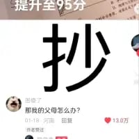 这是一张抖音平台的社交媒体截图，画面顶部有“提升至95分”的文字，点明和考试分数相关的背景；中间是醒目的大号黑色“抄”字，指向考试作弊的主题；下方是带有Doge柴犬头像的用户评论“那我的父母怎么办？”，评论内容和上方的“抄”字没有直接逻辑关联，通过这种错位的无厘头反差制造搞笑效果，属于玩梗类内容，用来调侃考试相关话题或单纯博人一笑。
