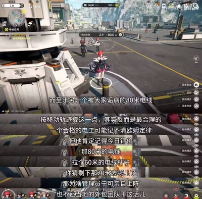 这是一张游戏截图，展示了未来工业风格的场景，画面中有红发角色站在带有黄色警示线的道路旁，周围有其他角色和机械建筑。游戏界面顶部显示小地图、生命值（100）、货币（3600）及“神秘信号”任务标识。图片叠加了幽默文字，调侃游戏中被玩家吐槽的“80米电线”设定，用“电工记得今日铜价”的梗开玩笑，猜测60米电线杆配80米电线时剩下20米的去向，以及管理员为何不让外包团队干活，充满调侃意味。