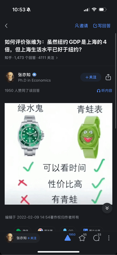 这是知乎平台上针对“张维为称纽约GDP是上海4倍但上海生活水平好于纽约”这一争议问题的高赞回答内容，答主张亦知发布了一张左右对比图，左侧是劳力士绿水鬼名表，右侧是印着科米蛙的廉价青蛙表，通过列出两者的共同与差异点：两者都能看时间，青蛙表性价比更高、有青蛙形象，以此讽刺该言论是用片面的、非核心的维度去对比不对等的城市生活水平，用幽默的方式指出这种对比的逻辑漏洞，该回答获得1950人赞同。