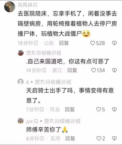 这是一段社交平台评论区截图，用户「清风拂耳」发布了一则突破道德底线的恶趣味玩笑：称自己在医院陪床忘带手机，无聊到推着隔壁病房的植物人去停尸房撞尸体，以此玩现实版「植物大战僵尸」。该言论引发其他网友不满，用户「货车师傅杨师傅」怒怼其行为可恶，让他自己来国道，另有网友玩梗提及「天启骑士」，还有用户对杨师傅的发言表示附和。此内容将植物人对应游戏里的植物、尸体对应僵尸，是对病患和逝者的严重不尊重，属于无底线的恶趣味调侃。