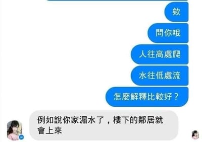图片展示了一个聊天界面，右侧蓝色气泡中依次出现文字：'欸'、'问你哦'、'人往高处爬'、'水往低处流'、'怎么解释比较好？'，左侧灰色气泡（带用户头像）回复：'例如说你家漏水了，楼下的邻居就会上来'。通过生活化的幽默例子解释俗语，让人会心一笑。