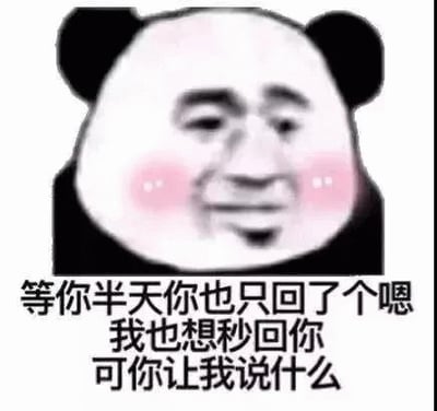 图片主体是一个经典的熊猫头表情包，头部为卡通熊猫造型，面部嫁接了人类的五官，脸颊带有明显的红晕，呈现出尴尬又略带腼腆的微笑表情。图片下方配有三行黑色文字：“等你半天你也只回了个嗯 我也想秒回你 可你让我说什么”，生动表达了在聊天中遇到对方回复敷衍时的无奈与纠结心情。整体风格幽默接地气，容易引发年轻人对低效沟通场景的共鸣。