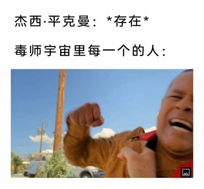 这是一张基于美剧《绝命毒师》制作的搞笑梗图，画面上方分为两行文字，第一行标注“杰西·平克曼：*存在*”，第二行是“毒师宇宙里每一个的人：”，下方搭配剧中角色图科·萨拉曼卡愤怒挥拳、表情狰狞的截图。该梗图用夸张的画面和简洁的文字，调侃杰西·平克曼在《绝命毒师》剧情中总是遭遇各种针对的处境，仿佛只要他存在，就会引来毒师宇宙里其他角色的敌意，放大了剧情里的戏剧冲突，充满趣味。