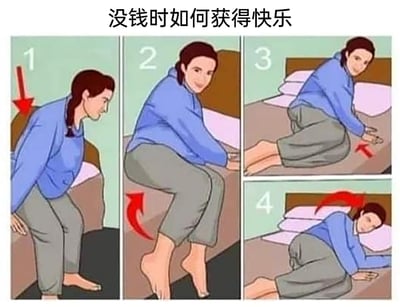 这是一张四格连环卡通图，以教程式的步骤呈现“没钱时获得快乐”的方法：图中穿着蓝色上衣、灰色裤子的女性，按照标注的1到4步依次行动，第一步是坐在床边向下挪动身体，第二步抬起双腿旋转身体坐到床上，第三步向前挪动身体，第四步躺倒在床上，整个过程本质就是上床睡觉。图片用一本正经的教程形式包装“没钱就睡觉”的内容，用自嘲式的幽默，调侃经济拮据时最简单的解压和获得“快乐”的方式，戳中普通人在生活压力下的无奈与自我安慰的心态。