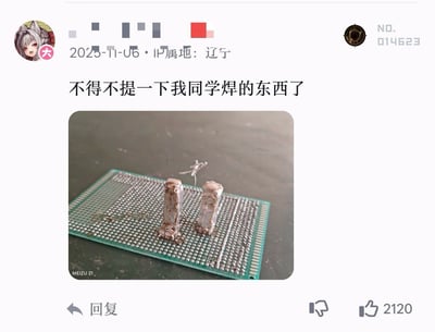这是一张社交媒体帖子截图，顶部显示帖子发布时间为2025年11月6日，IP属地为辽宁，发布者头像是二次元风格的灰发兽耳少女，帖子配文为“不得不提一下我同学焊的东西了”；帖子内插入的实拍照片展示了一块绿色的万用洞洞电路板，电路板上堆叠了两大块厚厚的焊锡，形成两个立柱状结构，其中一个立柱上方还伸出一小段弯曲的焊锡丝，焊接用锡量远超正常需求，效果十分离谱，实拍图左下角标注了拍摄设备为MEIZU 21；截图底部可见回复按钮，以及点赞数2120和点踩按钮。
