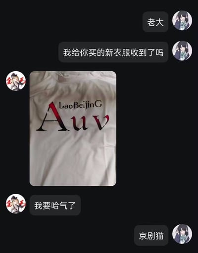 这是一张聊天记录截图，显示了三个人的对话。用户“老大”询问对方是否收到新衣服，随后用户“金王”发送了一张白色T恤的照片，T恤上印有“LaoBeiJinG Auv”字样，并回复“我要哈气了”。“哈气”可能是方言或网络用语，表达一种无奈或搞笑的情绪。