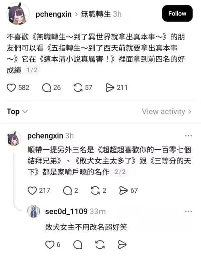 这是一张X（原Twitter）平台的社交媒体截图，用户pchengxin发布玩梗内容，将日本知名轻小说/动画《无职转生~到了异世界就拿出真本事~》的标题结构，套用到中国古典四大名著上进行恶搞：将《西游记》命名为《五指转生~到了西天前就要拿出真本事~》，同时虚构了类似日本轻小说榜单《这本轻小说真厉害！》的《这本清小说真厉害！》榜单，称该作位列榜上前四，另外三部入榜作品分别是对应《水浒传》的《超超超喜欢你的一百零七个结拜兄弟》、对应《红楼梦》的《败犬女主太多了》、对应《三国演义》的《三等分的天下》，全部都用日式轻小说的命名风格贴合原作内容改编，下方还有其他用户评论调侃《红楼梦》对应的“败犬女主太多了”不用改名就十分贴合，笑点十足。