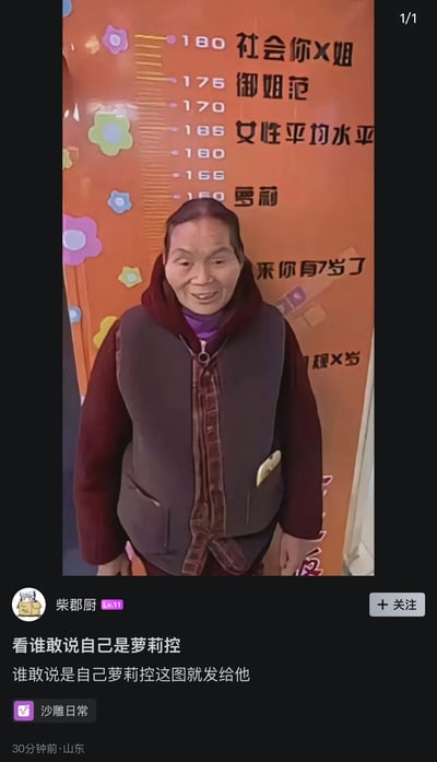 这是一张社交平台发布的搞笑梗图截图，画面主体是一位穿着深灰色马甲、酒红色连帽内搭、佩戴紫色围脖的中老年女性，面带微笑站在橙色趣味身高墙前方。身高墙上的刻度搭配了网友添加的趣味标注，180cm对应“社会你X姐”，176cm对应“御姐范”，166cm对应“女性平均水平”，155cm对应“萝莉”，该女性的身高刚好对齐“萝莉”的刻度线，形成强烈的反差感。图下配文调侃称谁敢说自己是萝莉控就把这张图发给他，用错位的反差制造幽默效果，用来调侃喜好萝莉的群体。