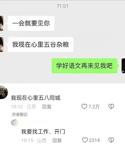 这是一张由聊天记录截图和社交媒体评论截图拼接而成的趣味内容图。上方聊天记录里，消息发送方在表达即将见面的忐忑心情时，误将成语“五味杂陈”说成“五谷杂粮”，被回复者调侃“学好语文再来见我吧”；下方是网友的互动评论，最高赞评论玩谐音梗将“五谷杂粮”替换为“五八同城”，另有网友接梗“我要找工作，开门”，整体通过口误和谐音制造反差笑点，充满轻松搞笑的氛围。