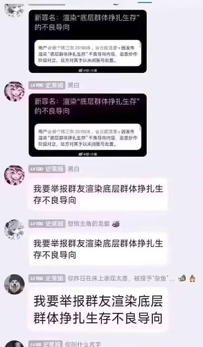 图片展示了一组社交媒体聊天记录截图，内容围绕“渲染底层群体挣扎生存的不良导向”这一所谓“新罪名”展开。包含系统消息对相关用户的处罚通知，以及多位用户（如史菜姆、想做主角的龙套等）发布的举报言论，如“我要举报群友渲染底层群体挣扎生存不良导向”，最后还有一句调侃“你昨日在床上表现太差，被授予‘杂鱼’...”。整体呈现出对网络举报现象的一种展示。