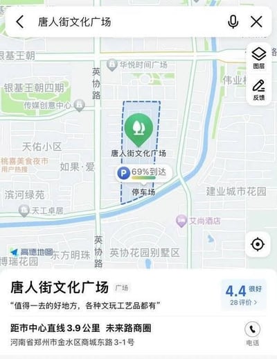 这是一张高德地图APP的界面截图，展示了河南省郑州市金水区唐人街文化广场的详细信息。上方地图区域清晰标注出唐人街文化广场的位置，周边可见英协路、华悦时间广场、建业城市花园、英协花园别墅区等地点，同时标注了广场配套停车场的位置，并显示“69%到达”的导航进度提示。下方信息栏展示了广场的基础信息：评分为4.4分（基于28条用户评价），用户评价描述为“值得一去的好地方，各种文玩工艺品都有”；标注了广场距市中心直线3.9公里，属于未来路商圈，详细地址为河南省郑州市金水区商城东路3-1号，还提供了电话联系按钮。