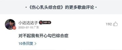 这是一张来自网易云音乐的歌曲评论区屏幕截图，顶部标注为《伤心乳头综合症》的更多歌曲评论。用户“小达达达子”（VIP用户，IP归属地为广东，评论发布时间为2023年7月15日）发布了一条搞笑评论：“对不起我有开心勾巴综合症”，该评论模仿了原歌曲名称的结构，使用谐音梗创造出带有戏谑意味的表述，以此制造笑点。这条评论获得了192个点赞以及10条回复，是网络社区中常见的玩梗类内容，通过谐音和结构模仿来实现搞笑效果。