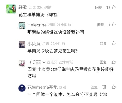 这是一张国内社交平台的评论区截图，用户们围绕“花生和羊肉汤”展开了一系列趣味互动：来自江苏的用户轩歌以一句“花生和羊肉汤（即答”开启话题，获得12个赞；福建用户Helexrine顺势调侃自己“缺的烧饼这块谁给我补啊”，玩起美食搭配的梗；广东用户小炎黄脑洞大开提问“羊肉汤今晚会梦见花生吗？”；身处西班牙的用户回复小炎黄，提议“羊肉汤里撒点花生碎能好吃吗”，拓展美食搭配的想象；最后“花生meme基地”以吐槽的语气总结“一个固体一个液体，怎么会分不清呢（恼）”，整体氛围轻松诙谐，是网友们基于日常美食的自发玩梗互动。