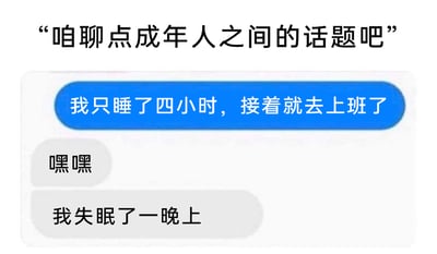 这张图片是一段聊天记录截图，顶部的引导语“咱聊点成年人之间的话题吧”容易让观者产生联想，以为会涉及私密、趣味类的成人话题，但后续的对话却形成强烈反差：聊天者A表示自己仅睡了四小时就不得不去上班，聊天者B先是回复“嘿嘿”，接着坦言自己一整晚都处于失眠状态。这段对话将“成年人的话题”落脚到当代成年人普遍遭遇的睡眠不足、失眠、职场疲惫的现实压力上，用这种反差感精准戳中了当代成年人的生活困境，极易引发同类人群的情感共鸣，调侃式地抒发了成年人在工作与生活中的疲惫与焦虑。