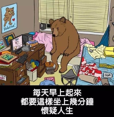 一幅卡通风格的插画，描绘了一只棕色的熊坐在凌乱不堪的卧室里。房间里有一张书桌，上面放着电脑和书籍，床上和地上散落着各种物品，墙上贴着一张写着"Polebear!"的熊海报。熊低着头，表情看起来有些沉思或无奈。图片底部有一行中文文字："每天早上起來都要這樣坐上幾分鐘懷疑人生"，意思是每天早上起床都要这样坐上几分钟怀疑人生。这幅图通过熊的形象和凌乱的环境，幽默地表达了人们早晨起床时的疲惫和对生活的迷茫感。