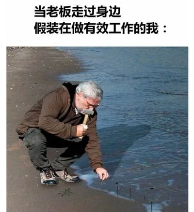 图片上方配有文字'当老板走过身边 假装在做有效工作的我：'，下方是一张真人照片。照片中一位白发老人蹲在海滩边，嘴里叼着一把锤子，右手拿着一根小木棍，正在水边的沙滩上戳弄着几根小木桩，动作看似专注忙碌，实则可能毫无实际意义，形象地调侃了职场中员工在老板经过时假装认真工作的搞笑场景。