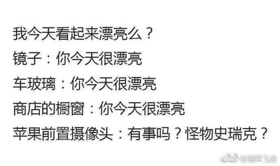 这是一张纯文字梗图，以提问“我今天看起来漂亮么？”开头，随后镜子、车玻璃、商店橱窗等反光物体均回应“你今天很漂亮”，形成一致的正面反馈。然而最后苹果前置摄像头却犀利吐槽“有事吗？怪物史瑞克？”，通过强烈反差制造幽默效果，调侃苹果前置摄像头拍摄效果常让用户觉得不如其他反光面好看的普遍体验。
