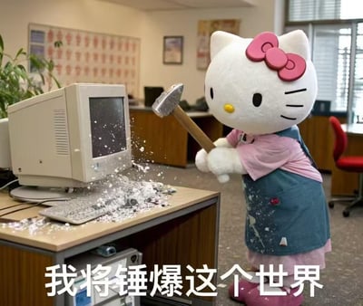 图中是三丽鸥经典卡通形象Hello Kitty的人偶造型，身处办公室场景中，双手举着锤子狠狠砸向桌上的老式CRT电脑，屏幕和桌面溅起大量白色碎裂碎屑，画面下方配文“我将锤爆这个世界”。可爱软萌的卡通形象与暴怒破坏的动作形成强烈反差，精准传递出打工人被工作折磨到崩溃、迫切想要发泄不满的情绪，没有双关或谐音梗。