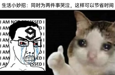 这是一张充满黑色幽默的网络梗图，通过反讽的方式调侃当代人面临多重压力、负面情绪积压的状态。图中顶部配有文案“生活小妙招：同时为两件事哭泣，这样可以节省时间”，用看似实用的“生活技巧”话术包装崩溃情绪，形成荒诞的搞笑效果。画面左侧是经过二次创作的Wojak卡通变体形象，该形象双眼通红、泪流满面，表情痛苦狰狞，脸上还带有数字“9”的标识，背景重复英文“I AM NOT POSSESSED（我没有着魔）”，用强烈的反差凸显出人物的崩溃与失控；右侧是中文网络流行的“悲伤猫（哭泣猫）”表情包，猫咪眼眶含泪、神情委屈，却竖起大拇指，仿佛在认同这个离谱的“生活小妙招”，进一步强化了梗图的荒诞感与讽刺意味。