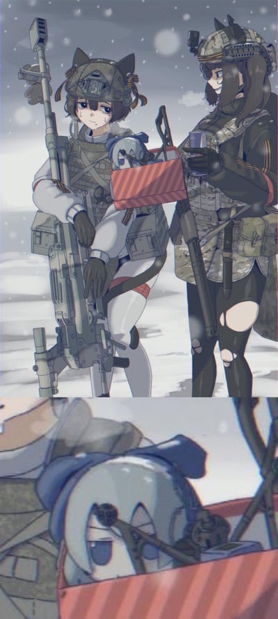 这是一张二次元原创插画，分为上下两部分呈现：上半部分是雪地场景，两位猫耳女兵身处其中，左侧女兵身着白灰配色作战服，抱着重型狙击枪，脸上挂着汗水，神情疲惫又无奈，还背着一个装着小机器人的红条纹礼品盒；右侧女兵穿着迷彩作战服，手持罐装饮料，神态轻松惬意。下半部分是礼品盒内小机器人的特写，小机器人看起来呆呆的。整体画面营造出作战任务里的反差感，没有双关、谐音梗或暗示内容。