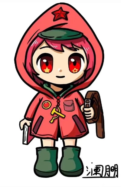 这是一张Q版风格的原创卡通插画，画面主体是一位粉紫色短发的女孩，她有着带有星星图案的红色眼眸，头戴缀有红星的红色连帽外套，外套上配有锤子镰刀装饰和圆形徽章，下身穿着深绿色短靴。女孩一只手拿着皮带，另一只手握着类似书本的物品，面带微笑，整体形象可爱亲切，带有鲜明的红色主题元素。图中没有双关、谐音梗或暗示内容。