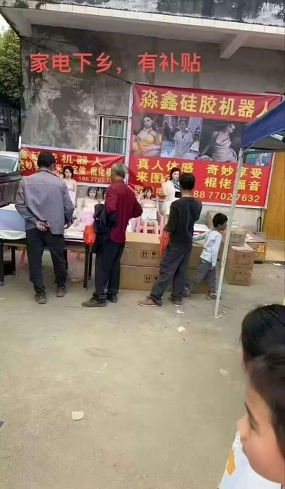 农村集市场景中，一个摊位挂着醒目的红色横幅，上面写着"家电下乡，有补贴"和"淼鑫硅胶机器人"等字样。摊位上摆放着多个硅胶娃娃，几位村民正在围观查看。背景是一栋有些陈旧的建筑，旁边停着一辆面包车，地上堆放着纸箱。整个场景呈现出一种城乡结合部特有的商业氛围，售卖的商品与传统"家电下乡"的宣传形成有趣对比。