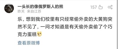 这是一张来自微博平台的社交媒体截图，发布者昵称是“一头长的像俄罗斯人的熊”，发布地点显示为江苏，发布时间标注为“昨天”，该内容获得了157个点赞。发布者分享了一件校园趣事：学校里有一只经常偷外卖的大黄狗突然不见了，询问后得知这只狗某天偷外卖时偷了一个巧克力蛋糕。结合常识可知，巧克力中的可可碱等成分对犬类有毒性，发布者用一句简短的话搭配狗头表情，调侃这只偷外卖的狗可能因误食巧克力蛋糕遭遇了意外，内容带有黑色幽默的趣味感。