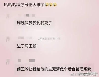 这是一张以聊天记录截图形式呈现的搞笑梗图，顶部配文“哈哈哈程序员也太难了😅😅😅”，下方是三段连贯的聊天内容：“昨晚做梦梦到我死了”“进了阎王殿”“阎王爷让我给他的生死簿做个后台管理系统”。该内容通过极度荒诞的梦境场景，夸张地调侃了程序员工作压力大、职业技能绑定生活的现状——哪怕到了地府，都摆脱不了写代码开发系统的工作，用极端化的设定放大程序员的职场困境，从而制造出强烈的搞笑效果，没有双关、谐音梗等内容，核心是对程序员职业日常的自嘲与调侃。