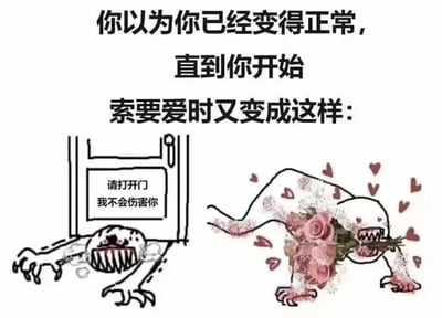 这张梗图上方有文字："你以为你已经变得正常，直到你开始索要爱时又变成这样："。下方左侧是一个长相狰狞的怪物趴在门上，门上有文字"请打开门 我不会伤害你"；右侧是同一个怪物手持鲜花，周围有许多爱心图案，呈现出索要爱的姿态。图片通过怪物外表的狰狞与行为的反差，幽默地表达了人们在渴望爱时可能表现出的反差状态。