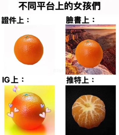 这是一张四格对比类网络梗图，以橙子作为隐喻载体，调侃不同场景及社交平台上女性对外展示的形象差异：左上角对应证件场景的橙子是无任何修饰的原生状态，暗指证件照要求真实朴素、不允许过度修饰的特点；右上角对应脸书平台的橙子搭配壮丽的自然风景背景，暗指脸书用户偏好分享出游内容、展示丰富生活的风格；左下角对应IG（Instagram）平台的橙子搭配渐变暖黄背景、爱心和气球特效，暗指INS用户喜欢打造可爱、精致、有氛围感的个人形象的特点；右下角对应推特（现X平台）的橙子是被剥去外皮的状态，暗指推特平台用户分享内容更加开放、无保留、更贴近真实自我的特点。整体用轻松幽默的隐喻方式展现不同平台的用户生态差异，笑点清晰易懂。