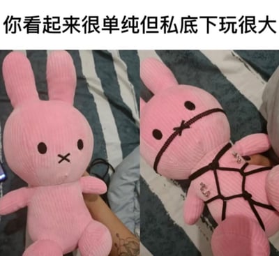 图片上方配有文字“你看起来很单纯但私底下玩很大”，下方为左右对比图。左侧是一只粉色兔子玩偶，有着长长的耳朵和简单的X形嘴巴，表情无辜，自然地躺在蓝白条纹的床单上；右侧是同一只兔子玩偶，被黑色的带子束缚身体，嘴巴也被黑色带子绑成X形，形成“表面单纯，私下玩很大”的幽默反差效果。