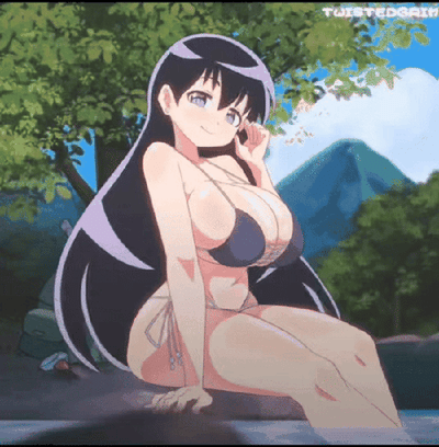 这是一张GIF动态图，画面呈现了一位留着黑色长直发的动画少女，她身着深色比基尼，坐在户外的水边区域，一只手撑在身侧的地面，另一只手轻触脸颊，脸上带着温柔的微笑。背景是葱郁的绿树与远处的青山，整体场景充满了夏日的清新闲适感，没有对话或其他文字内容。