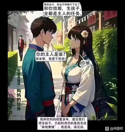这是一张AI生成的古风场景搞笑漫画图，标题为《妈妈的任务》。画面中，身着古风服饰的女主向男主坦白，和他结婚生子都是“主人的任务”，男主愤怒地质问女主的主人是谁，放话要报复对方，女主则简短回答“你娘”。此时背景中的红衣男子上前，解释自己和男主的妈妈相爱多年，想要孩子只能借助男主的基因完成“曲线繁殖”，还说明自己是双性恋。整个内容用荒诞离谱的伦理设定制造强烈的反差笑点，颠覆常规认知，属于网络整活类的搞笑段子。
