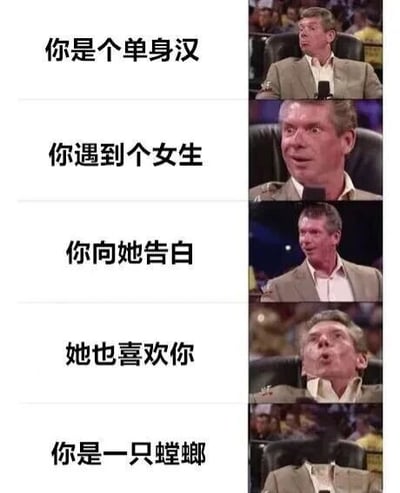 这是一张5格连环图文混排梗图，左侧为文字叙事，右侧为同一男性的表情变化截图。文字内容依次为：'你是个单身汉'、'你遇到个女生'、'你向她告白'、'她也喜欢你'、'你是一只螳螂'。通过逐步递进的浪漫叙事铺垫，最后以'你是一只螳螂'的反转结局制造幽默效果，暗讽螳螂交配中雌性可能吃掉雄性的生物特性，形成预期违背的搞笑反差。