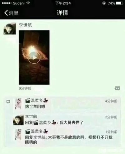 这是一张社交媒体聊天记录截图，界面为类似微信的社交平台对话场景。用户李世航首先发送了一段视频，9分钟后，用户“温柔乡”因无法加载该视频，猜测视频内容是“烤全羊”，便发送了“烤全羊阿嗯”的消息；随后李世航回复表示“我大舅去世了”，说明这段视频是和大舅葬礼相关的内容，“温柔乡”立刻解释自己是因为视频打不开才瞎猜的，场面十分尴尬。整个对话展现了一次因内容加载失败导致的无心误会，充满了尴尬的喜剧效果。