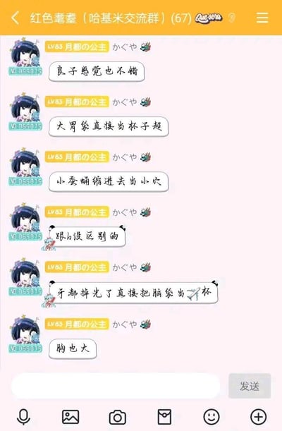这是一张LINE聊天群的截图，群名为“红色耄耋（哈基米交流群）”，显示有67名成员。群内用户“月都の公主”（LV83，ID：055075）连续发送多条消息，内容包括“良子感觉也不错”“大胃袋直接当杯子超”“小蚕蛹缩进去当小穴”“跟h没区别的”“手都掉光了直接把脑袋当杯子”“胸也大”等。界面显示了用户的卡通头像、等级标识及消息气泡，整体为竖屏手机格式的聊天记录界面。