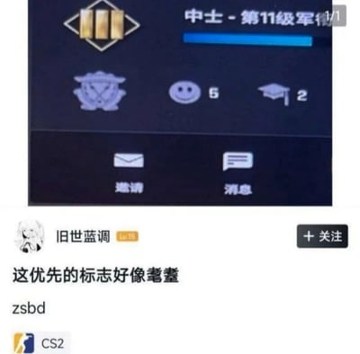 图片上半部分为游戏界面截图，显示'中士 - 第11级军衔'，军衔标志为菱形内三根竖条。界面下方有'邀请'和'消息'按钮。下半部分为用户评论区，用户'旧世蓝调'（Lv.15）发布评论称'这优先的标志好像耄耋'，并附带'zsbd'。底部有CS2 logo。整体内容是玩家对游戏军衔标志设计的调侃，认为其形状类似'耄耋'二字的结构。