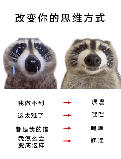 这是一张左右对比的静态图文趣味内容，上方配有标题“改变你的思维方式”。左侧是一只添加了蓝色泪痕、表情悲伤的浣熊，它抬头看向镜头，下方对应着四句消极的自我否定式文字：“我做不到”“这太难了”“都是我的错”“我怎么会变成这样”，传递出焦虑、内耗的负面情绪；右侧是一只露出牙齿、表情戏谑轻松的浣熊，同样抬头看向镜头，下方对应着统一的“嘿嘿”文字，红色箭头将左侧的每一句消极想法都指向右侧的“嘿嘿”，用搞笑的方式调侃了用摆烂、无所谓的心态来替换消极内耗思维的情绪调节方式，风格治愈又幽默。