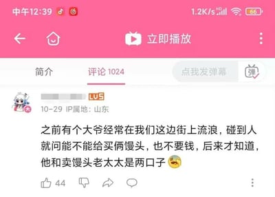 这是一张竖屏格式的哔哩哔哩（B站）评论区屏幕截图，页面顶部为B站标志性的粉色导航栏，包含返回、首页、立即播放按钮，当前处于评论分页，显示评论总数为1024。一条来自山东、账号等级为LV5的B站用户在10月29日发布了这条评论，内容讲述了一个充满生活趣味的反转小故事：当地有位流浪大爷总向路人请求帮忙买两个馒头却从不收钱，后来大家才发现，这位大爷其实和卖馒头的老太太是夫妻。该评论获得了44个点赞，评论区的弹幕开关处于开启状态。