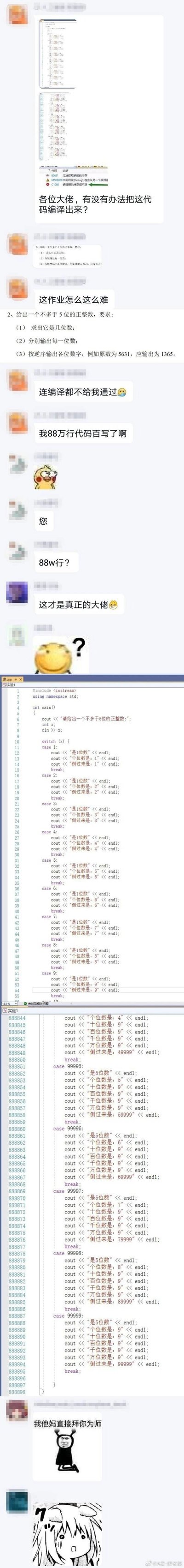 这是一段来自程序员社群的竖屏超长聊天记录截图，内容是一名学生抱怨C++作业难度高，为了完成“输入不多于5位正整数，求位数、输出每一位、逆序输出”的作业，他采用了极端的硬编码方式：为1到99999的每个数字都编写了switch case分支，代码行数达到88万行，最终导致编译器提示“堆空间不足”无法编译。楼主在群里求助编译方法，其他群友看到88万行代码后纷纷表示震惊，还有群友发出跪拜的表情包调侃，整体内容充满程序员圈的搞笑反差感，展现了新手程序员走极端的搞笑编程日常。