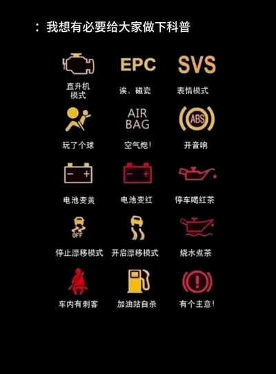 这张图是对汽车仪表盘上的各类故障与提示指示灯的恶搞式“科普”，将原本专业严肃的指示灯含义，用谐音、象形的搞笑说法替换：比如发动机故障灯被称为“直升机模式”，安全带未系提示灯被调侃为“玩了个球”，机油液位低提示灯被戏称为“停车喝红茶”，电瓶故障的黄、红灯分别叫“电池变黄”“电池变红”，安全气囊灯被说成“空气炮！”等。图中充满了玩梗趣味，用幽默的方式解构了原本专业的汽车知识，适合调侃新手司机看不懂仪表盘指示灯的场景。
其中包含多处象形与谐音梗：比如“玩了个球”对应安全带提示灯的图标形态，“停车喝红茶”对应机油灯的红色警示，“车内有刺客”对应安全带未系的红色人形图标，都是通过视觉联想和搞笑解读制造笑点。
