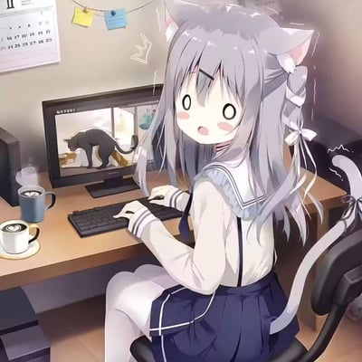 画面呈现了一位有着银灰色长发、猫耳猫尾的JK制服少女，正坐在温馨的书桌前操作电脑。当她看到屏幕里黑猫压制橘猫的画面时，露出震惊错愕的表情，眼睛变成圈圈状，猫尾也因受惊炸毛。书桌上摆放着两杯带有爱心拉花的热饮，整体画风软萌治愈，生动还原了少女看到猫打架时的意外与惊讶感。