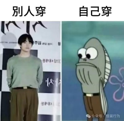 这是一张左右对比梗图，左侧标题为“别人穿”，展示一位真人男性穿着浅绿色毛衣和棕色长裤，站姿挺拔，表情冷静，背景有韩文标识，看起来时尚有型；右侧标题为“自己穿”，则是《海绵宝宝》中的灰色鱼形卡通角色穿着同款服装，瞪大双眼，表情呆滞，显得笨拙滑稽。通过真人的帅气与卡通角色的搞笑对比，幽默地展现了人们期望中穿搭效果与实际穿上身效果的巨大反差，引发共鸣。