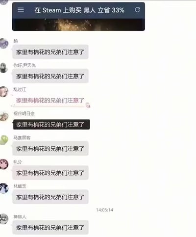 这是一张游戏相关社交群聊的截图，顶部显示Steam平台的折扣提示「在Steam上购买 黑人 立省33%」，群内多名成员统一发送「家里有棉花的兄弟们注意了」进行刷屏玩梗。
该梗关联了历史上黑奴被强迫种植棉花的历史背景，用这个点来玩Steam「黑人」商品打折的玩笑，属于结合历史背景的玩梗内容。