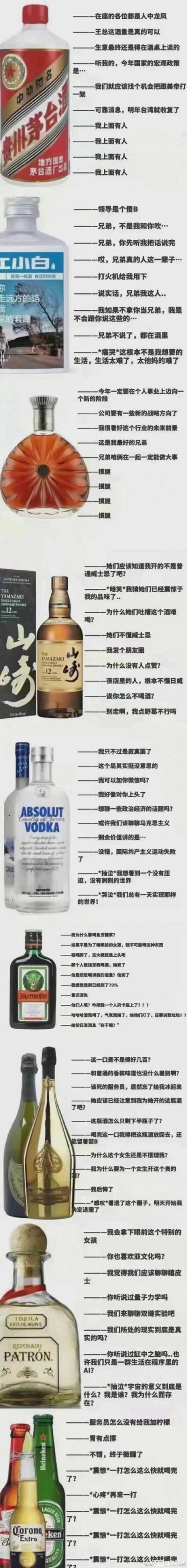这是一张竖版的图文混排趣味梗图，将贵州茅台、江小白、山崎12年威士忌、绝对伏特加、野格、黑桃A香槟、培恩龙舌兰、科罗娜等多款不同定位的酒类，分别对应不同社交场景下饮酒者的典型发言。通过幽默的方式精准还原了商务酒局、好友小聚、夜店社交、小众酒局等不同场景的人群状态，比如茅台对应商务酒局里的人脉炫耀、政策空谈，江小白对应好友间的掏心吐槽与感慨，山崎对应想在夜店彰显品味却碰壁的发言，用贴近生活的调侃展现了不同酒局的社交生态，充满网感与现实讽刺意味。