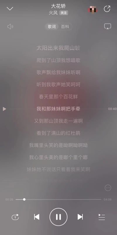 这是一张音乐播放器的歌词界面截图，显示的是火风演唱的经典歌曲《大花轿》的歌词。界面采用灰色渐变背景，顶部显示歌曲名"大花轿"和歌手名"火风"，中间区域为主要歌词显示区，底部有播放控制按钮和进度条，当前播放时间为00:26，总时长04:06。