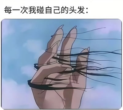 图片上方配有文字“每一次我碰自己的头发：”，下方是一幅插画，画面中一只手的手指间缠绕着大量黑色发丝，背景是蓝天白云。通过夸张的掉发场景，幽默地展现了人们每次触碰头发时都会掉落大量头发的无奈日常，引发脱发困扰者的共鸣。