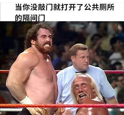这张梗图上方配有文字'当你没敲门就打开了公共厕所的隔间门'，下方是一张摔跤比赛的截图。图中三位男性表情各异：左侧是一位肌肉发达、面露愤怒的摔跤手；中间是一位穿着蓝色衬衫的裁判表情严肃；右侧是一位金发摔跤手表情惊恐。通过将摔跤比赛中紧张激烈的表情与意外打开有人的厕所隔间门的尴尬情境相结合，制造出幽默效果。