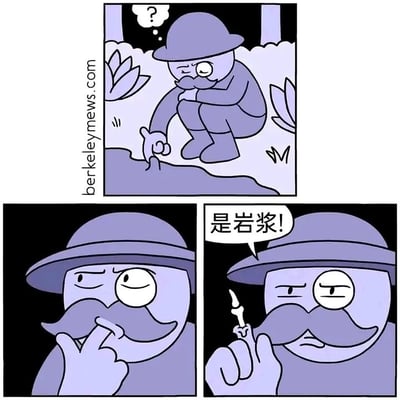 这是一幅由三格画面组成的连环卡通漫画，整体色调为淡紫色系。第一格中，戴着圆顶帽、留着大胡子的卡通男人蹲在户外的土地上，周围有植物，他盯着地面上的一个小凸起，头上浮现出问号，表情充满疑惑，似乎在好奇这个凸起是什么；第二格是该男人的面部特写，他将地面上的小凸起捏了起来，放在自己的大胡子上，眉头微皱，眼神专注，表情严肃，仿佛在仔细研究这个小东西；第三格中，男人捏着这个看起来像小土块的凸起，一本正经地说出“是岩浆！”的结论，用极其荒诞的判断和认真的态度形成强烈反差，制造出无厘头的冷幽默效果，让人觉得滑稽好笑。